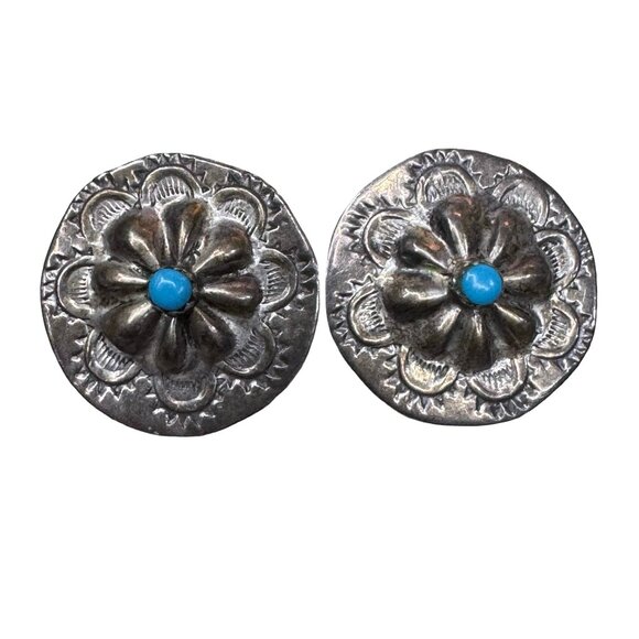 Vintage Jewelry - Native American Sterling Silver Navajo Handmade Concho Turquoise Post Earrings